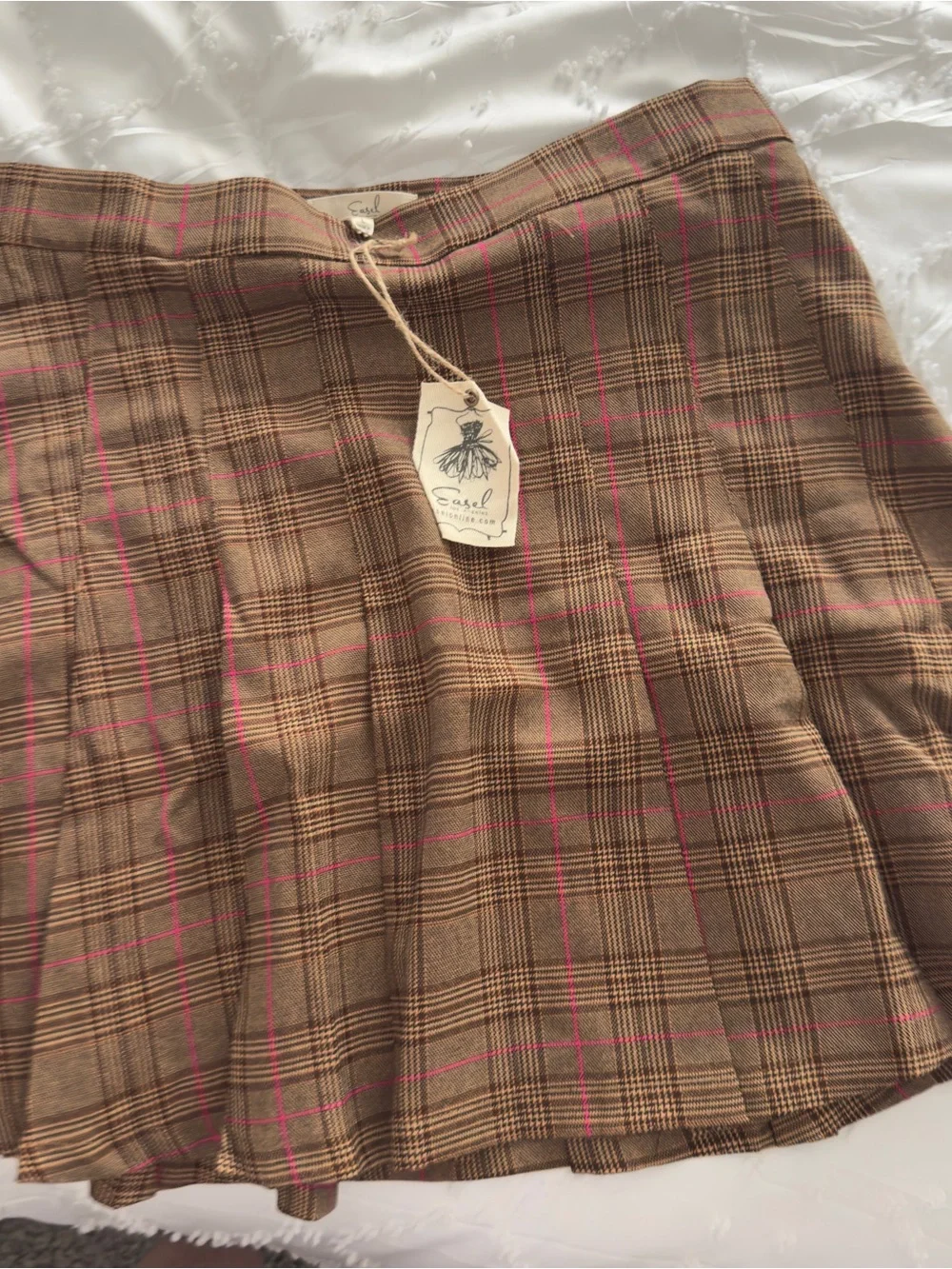 easel Brown Plaid Pleated Skirt with Pink Accents